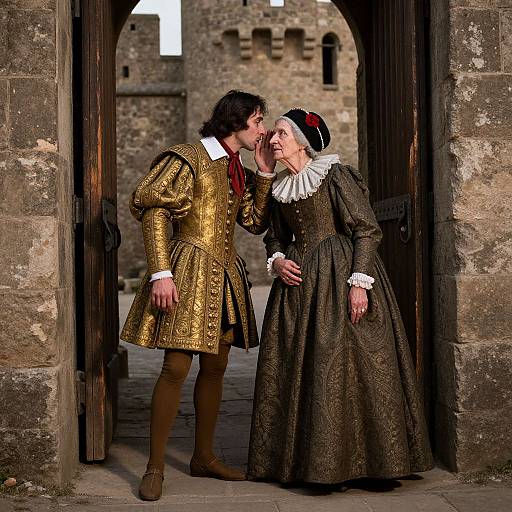Photograph of a medieval couple in a stone archway; he wears a gold embroidered doublet, she a dark brocade gown with white ruff