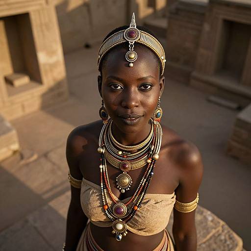 Photograph of a dark-skinned African woman in traditional gold jewelry, including a headpiece, multiple necklaces, and arm bands, wearing a beige