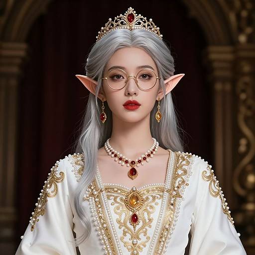 Digital artwork of an elegant, pale-skinned elf woman with silver hair, red lipstick, gold-rimmed glasses, and ornate white gown,