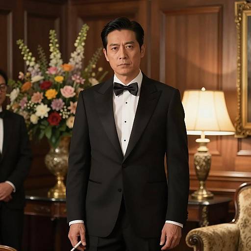 Man in Black Tuxedo Holding Cigarette in Elegant Room