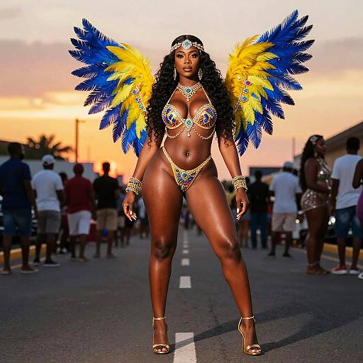 Photograph of a dark-skinned Black woman with long curly hair, wearing a colorful, bejeweled bikini, yellow and blue feather wings,