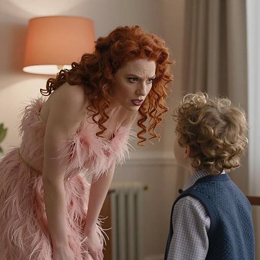 Woman in Pink Feathered Dress Scolding Young Boy Indoors