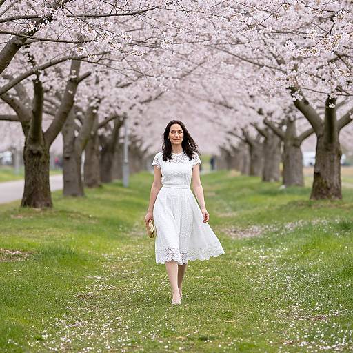Photograph of a smiling woman with long black hair, wearing a white lace dress, walking along a cherry blossom-lined path.
