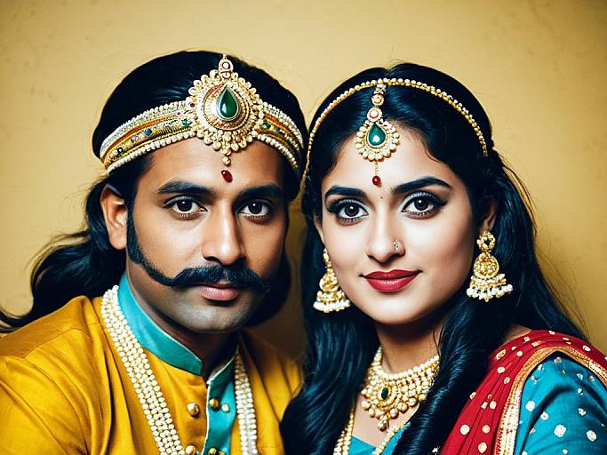 Photograph of an Indian couple in traditional wedding attire, both wearing ornate gold jewelry with green gemstones, against a beige background.