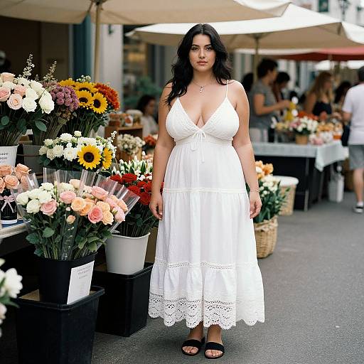 Photograph of a curvy, dark-haired woman in a white, lace-trimmed, V-neck dress, standing in a flower market, surrounded
