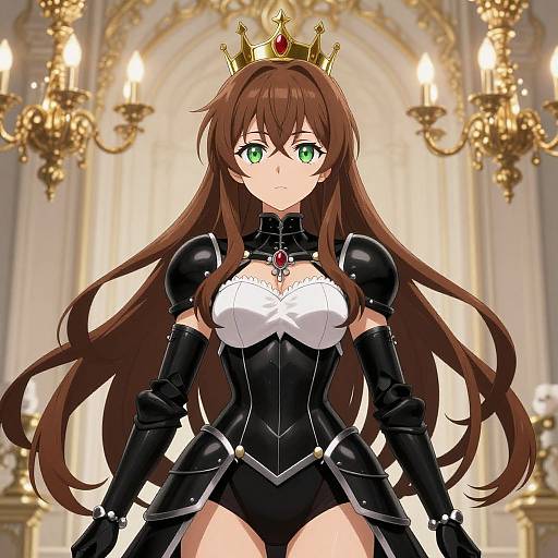 Digital anime-style illustration of a brown-haired, green-eyed queen with a golden crown, wearing black armor and white chest piece, standing in an ornate