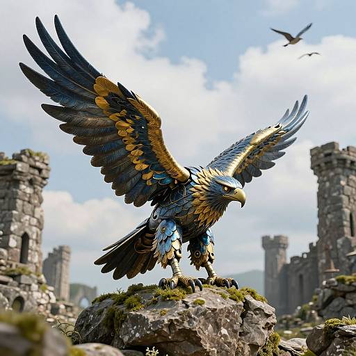 Mechanical Eagle Sculpture in Fantasy Ruins