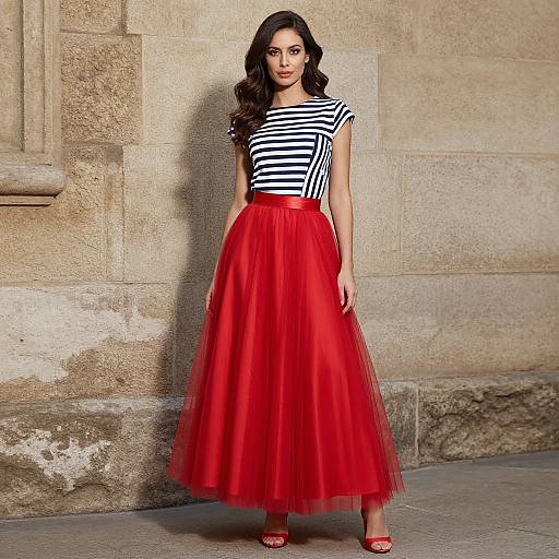 Photograph of a woman with wavy dark hair, wearing a black-and-white striped top, and a vibrant red tulle skirt, standing against a