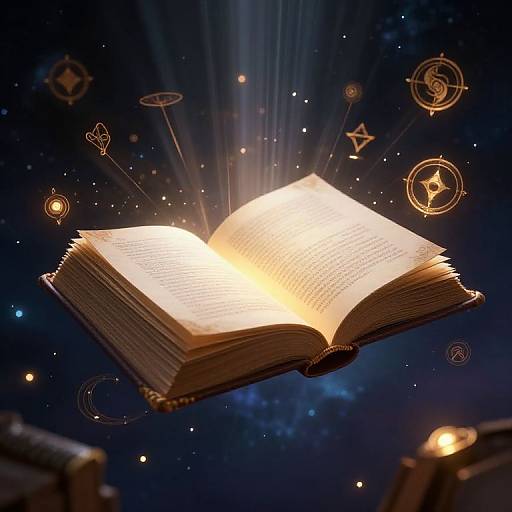 Photograph of an illuminated, open magical book floating in space, surrounded by glowing symbols, stars, and mystical light rays.