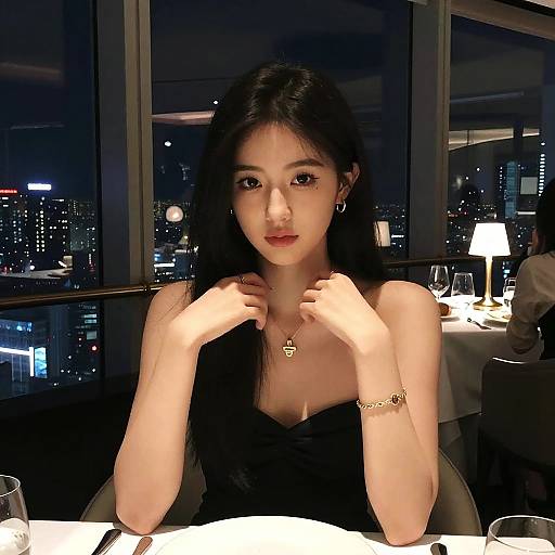 Photograph of an Asian woman with long black hair, wearing a black strapless dress, sitting at a nighttime city restaurant, hands near neck, city