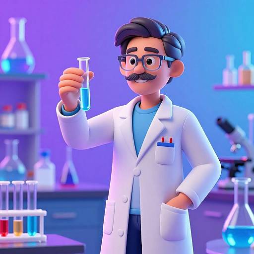 3D CGI cartoon of a male scientist with black hair, mustache, glasses, white lab coat, holding blue liquid in a test tube, lab