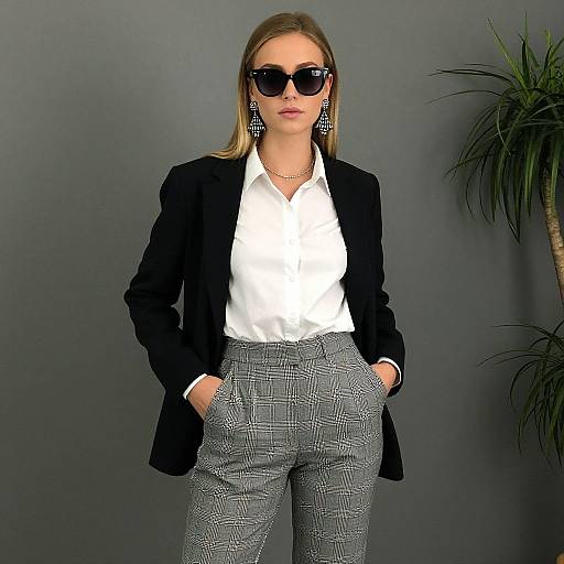 Photograph of a blonde woman in black blazer, white shirt, and gray checkered pants, wearing black sunglasses and dangling earrings, hands in pockets