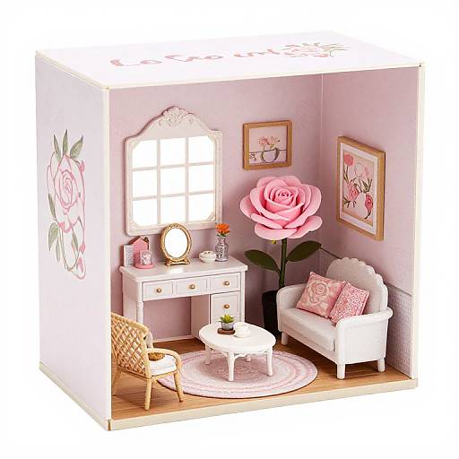 Photograph of a pink-themed living room with a white console table, large pink rose decoration, white sofa, wicker chair, pink pillows, framed