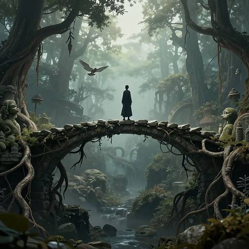 Digital fantasy artwork: Silhouetted figure in long coat stands on moss-covered, tree-root arch bridge in misty, enchanted forest, with bird