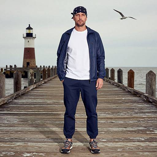 Man by Historic Lighthouse in Coastal Breeze