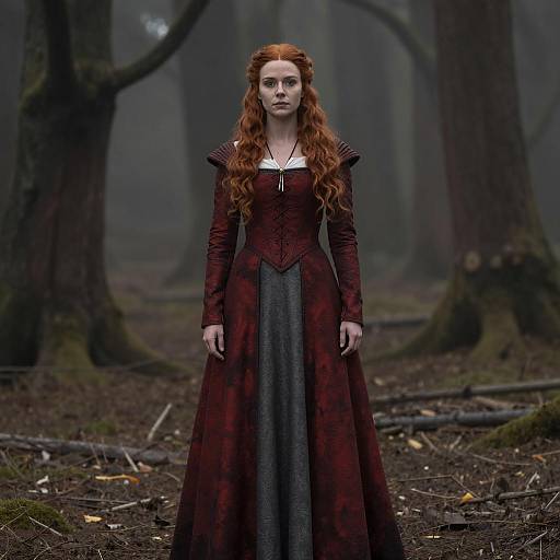 Woman in Medieval Fantasy Dress in Misty Forest