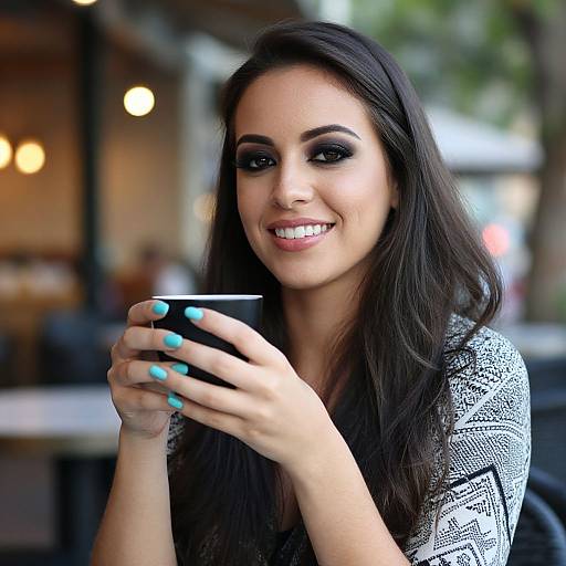 Photograph of a smiling woman with long dark hair, wearing a black-and-white patterned top, holding a black cup with turquoise nails, in a