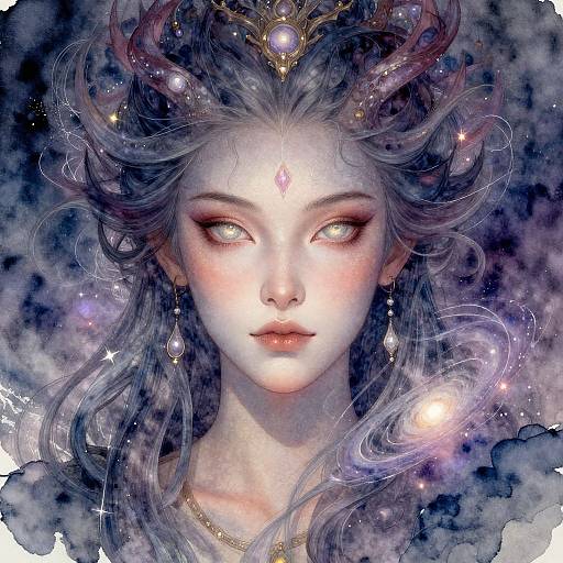 Digital painting of a ethereal, pale-skinned woman with glowing eyes, flowing silver hair, and celestial jewelry, set against a cosmic, starry