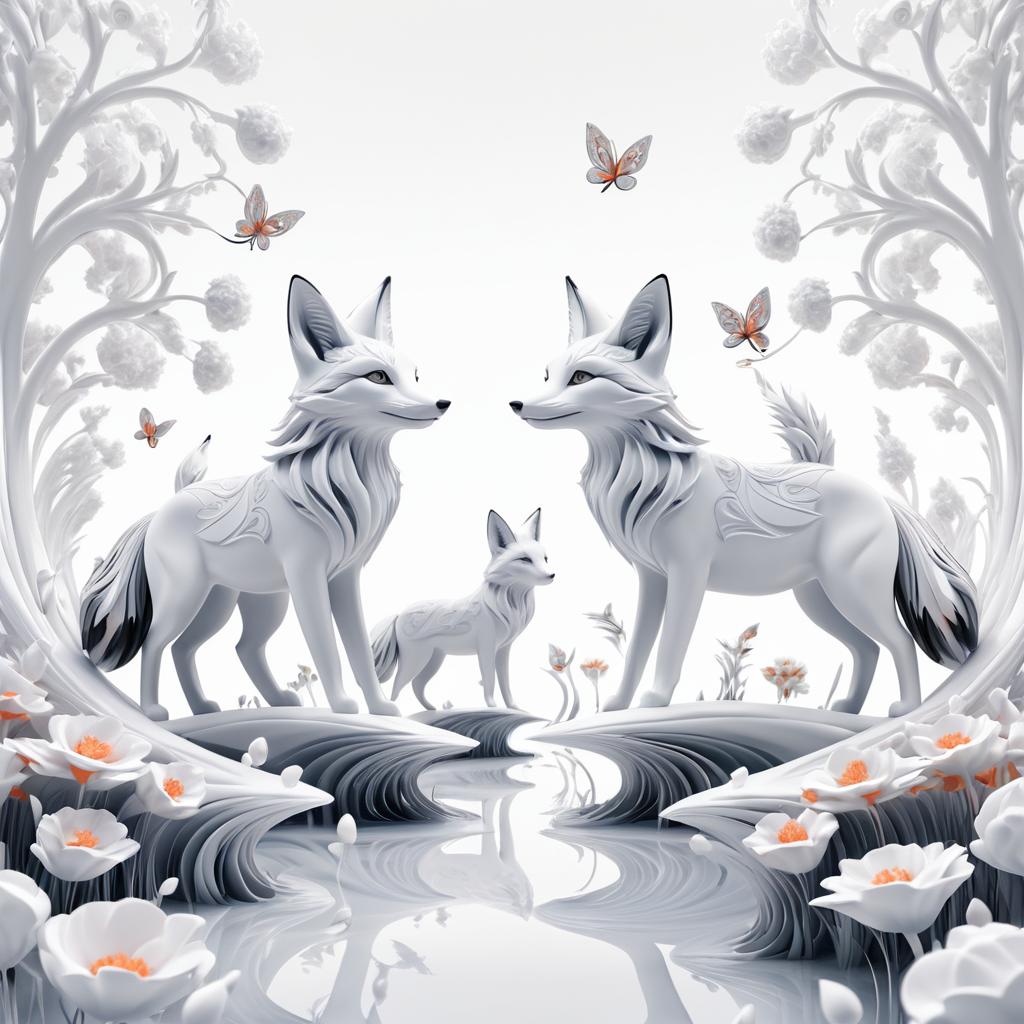 Surreal Fox Line Art in Dreamscape