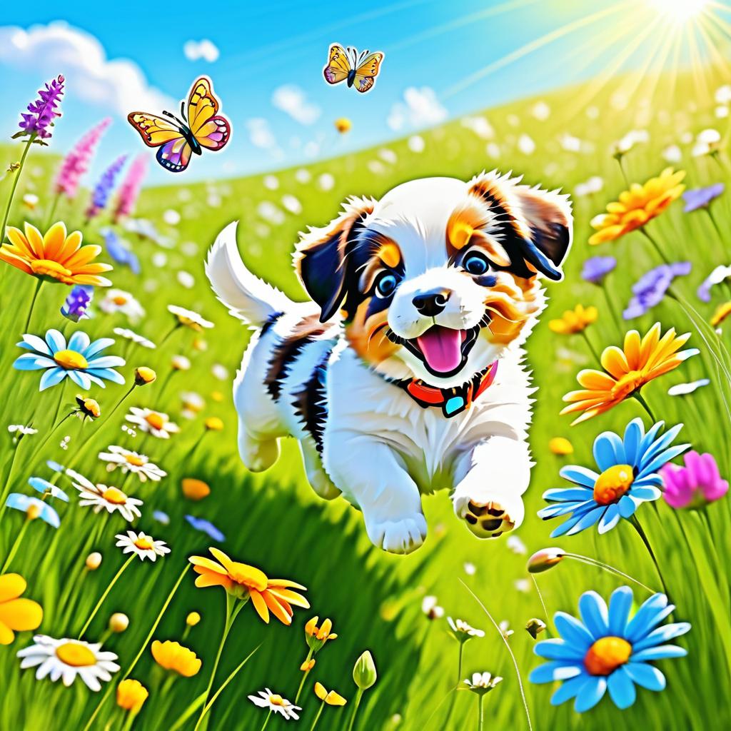 Joyful Puppy Chasing Butterfly in Meadow