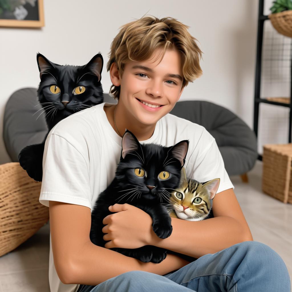 Teenager Embracing Tabby Cat and Kitten