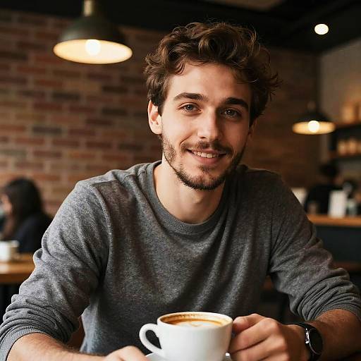 Photograph of a handsome, smiling young man with curly brown hair and beard, wearing a gray sweatshirt, holding a coffee cup in a cozy brick