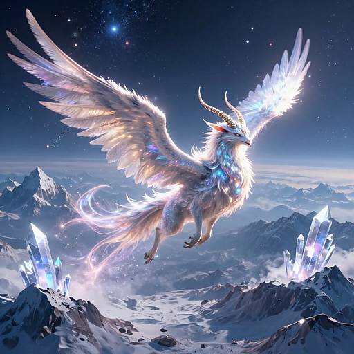 Digital fantasy artwork of a luminous, winged, horned creature with glowing feathers soaring above crystalline mountain peaks under a starry night sky.