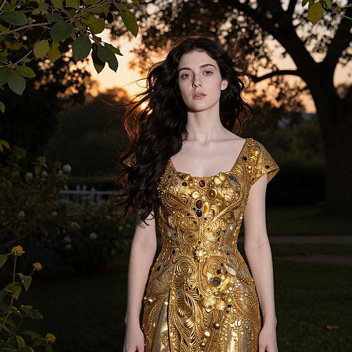 Photograph of a fair-skinned woman with long, wavy black hair wearing an ornate, gold sequined dress, standing in a dark,