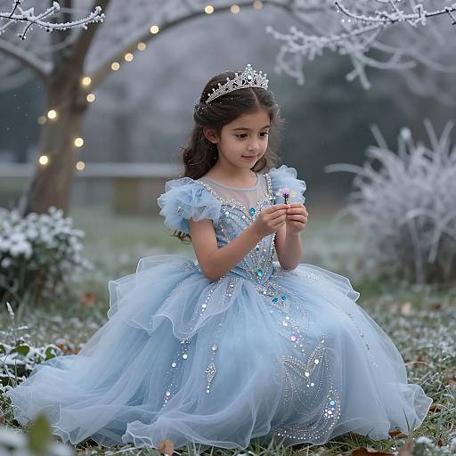 Young Girl in Blue Princess Gown in Winter Garden