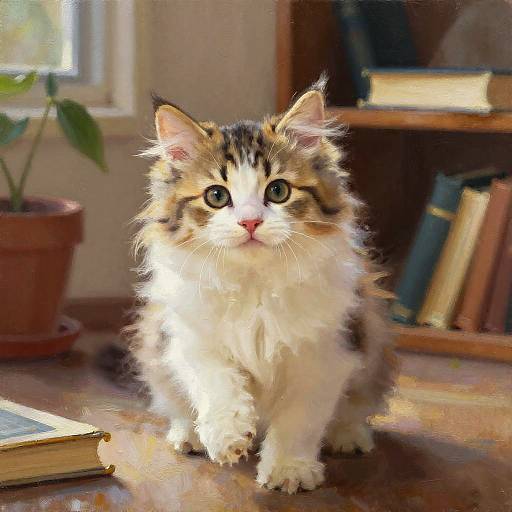 Photograph of a fluffy, long-haired, calico kitten with bright blue eyes sitting on a wooden table in a sunlit room, surrounded by books