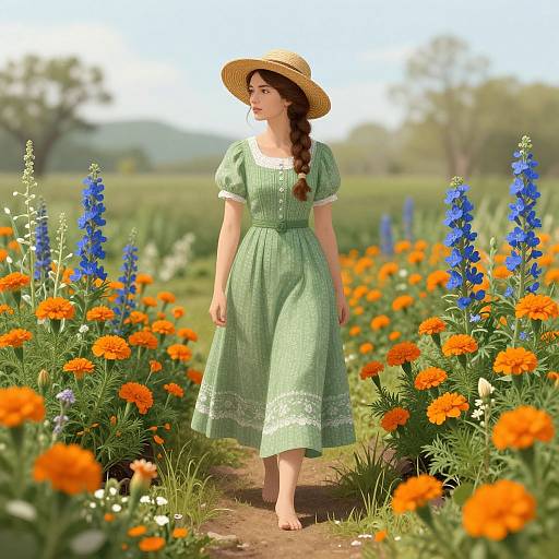 Photorealistic CGI of a young woman in a green dress and straw hat, walking barefoot through a vibrant flower field with orange marigolds and
