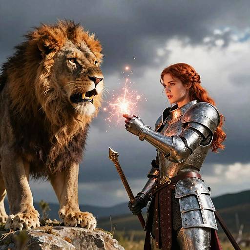 Photograph of a red-haired female knight in shining armor, holding a sparkling sword, standing beside a majestic lion on a rocky outcrop under a cloudy