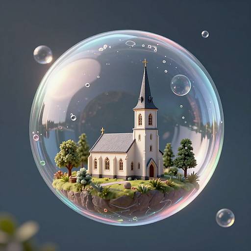 Photorealistic CGI of a small white church with a black steeple, surrounded by green trees, inside a giant, transparent bubble against a dark