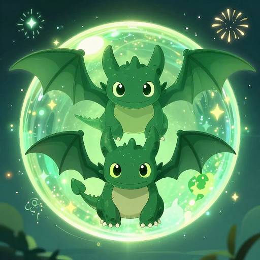 Digital illustration of two cute, green, baby dragon-like creatures with large eyes and wings, floating in front of a glowing full moon with sparkles and