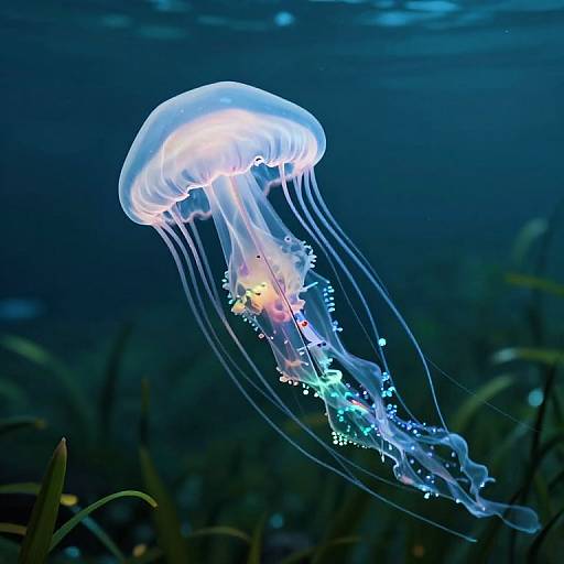 Photograph of a glowing blue and white jellyfish with translucent tentacles, floating in a dark blue underwater environment.