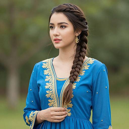 Elegant Woman in Blue Embroidered Dress