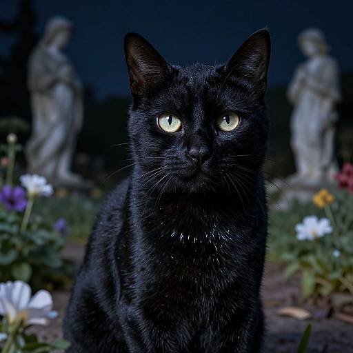 Elegant Black Cat in Moonlit Garden