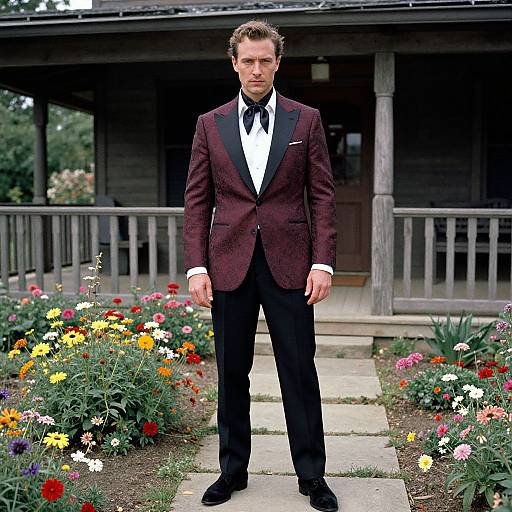Elegant Man in Burgundy Tuxedo