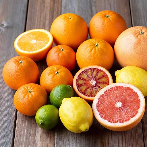 Photograph of vibrant citrus fruits and lemons on wooden table: oranges, grapefruits, lime, lemon halves, whole limes, and grape