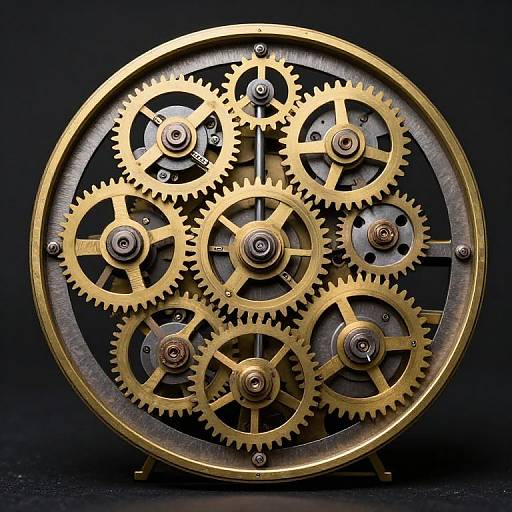 Photograph of intricate brass gears and cogs in a circular mechanical design, set against a black background, highlighting metallic textures and precise engineering details.