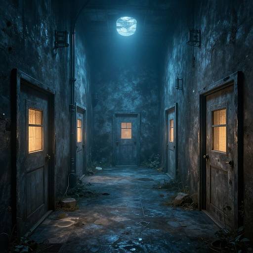Photograph of a dark, eerie, narrow hallway with three wooden doors, glowing yellow windows, and a bright blue moonlight at the end.