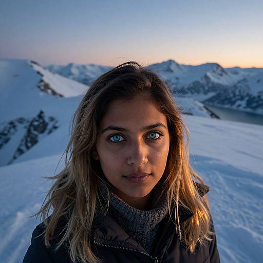 Photograph of a young woman with blue eyes, blonde hair, and fair skin standing in a snowy mountain landscape at sunset. She wears a black jacket