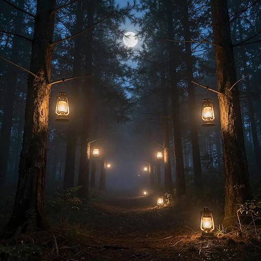 Misty Night Forest with Glowing Lanterns