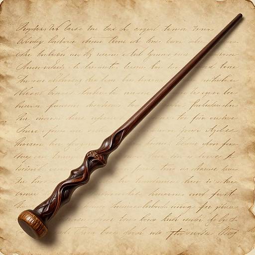 Antique wooden wand with twisted dark wood handle, lying on aged parchment with cursive writing. Digital artwork.