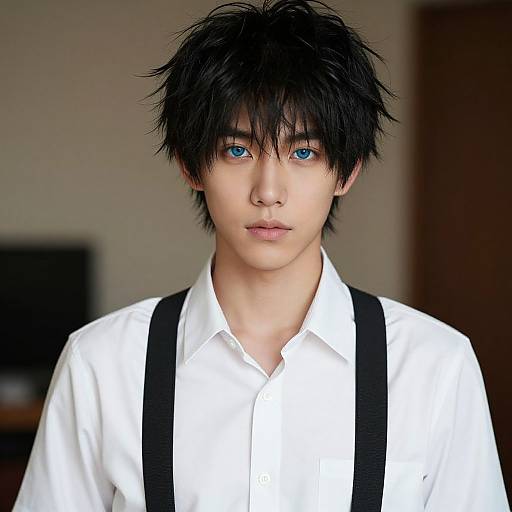 Photorealistic digital art of a young Asian boy with spiky black hair, blue eyes, wearing a white shirt and black suspenders, against a