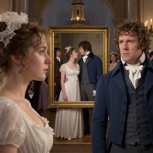 Photograph-style CGI image of Victorian-era couple in wedding attire, reflected in ornate gold frame, with curly-haired man in dark suit foreground, and