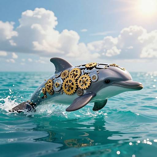 Photograph of a dolphin leaping out of turquoise ocean water, adorned with intricate golden gears and cogs, under a bright blue sky with fluffy white