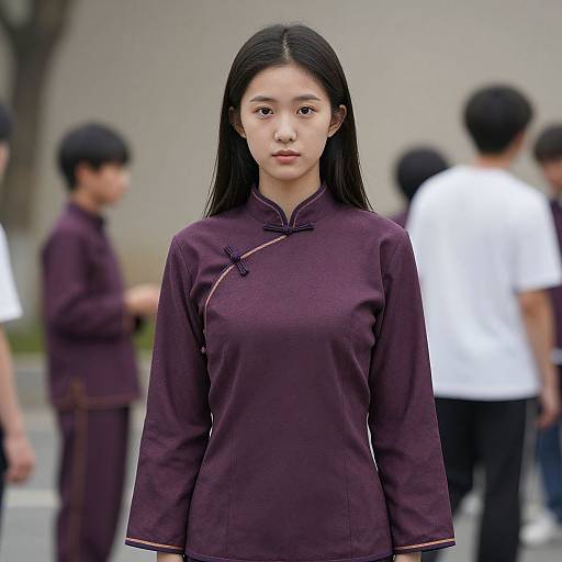 Photograph of an Asian woman with long black hair, wearing a dark purple traditional Chinese cheongsam, standing in a blurred outdoor setting with blurred people