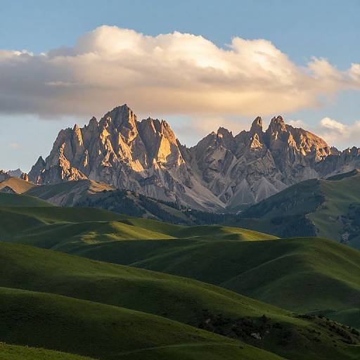 Photograph of a sunlit mountain range with jagged peaks, green rolling hills in the foreground, and a partly cloudy blue sky.