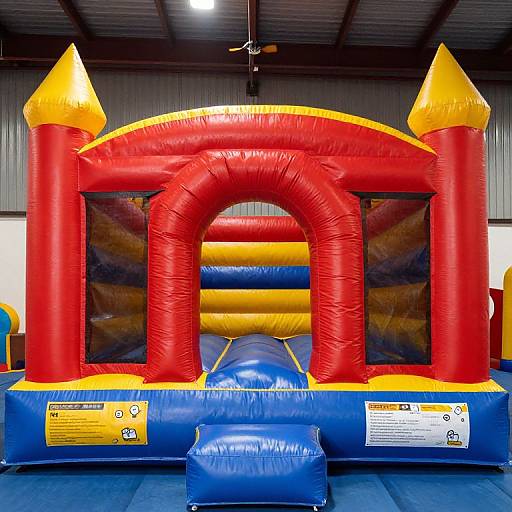 Photograph of a brightly colored inflatable bounce house with red towers, yellow arch, and blue base, set in a warehouse.